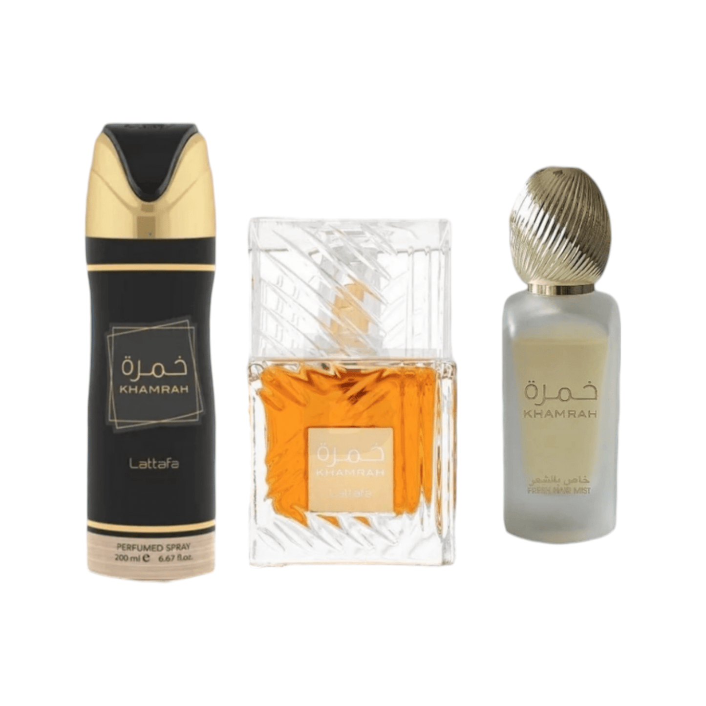 PACK KHAMRAH (Perfume Khamrah + Perfume capilar Khamrah + Desodorante Khamrah ) Lataffa set Unisex